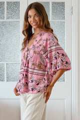 JAASE - Gabriella Top: Mandarin Collar Deep V Neck Crochet Trim Top in Elara Print