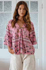 JAASE - Gabriella Top: Mandarin Collar Deep V Neck Crochet Trim Top in Elara Print