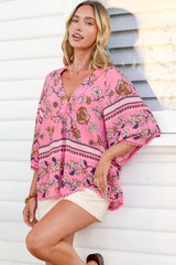 Gabriella Top - Mandarin Collar Deep V Neck Crochet Trim Top in Elara Print