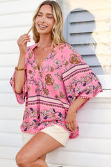Gabriella Top - Mandarin Collar Deep V Neck Crochet Trim Top in Elara Print