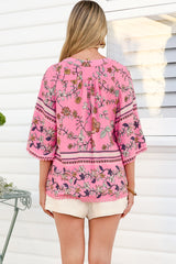 Gabriella Top - Mandarin Collar Deep V Neck Crochet Trim Top in Elara Print