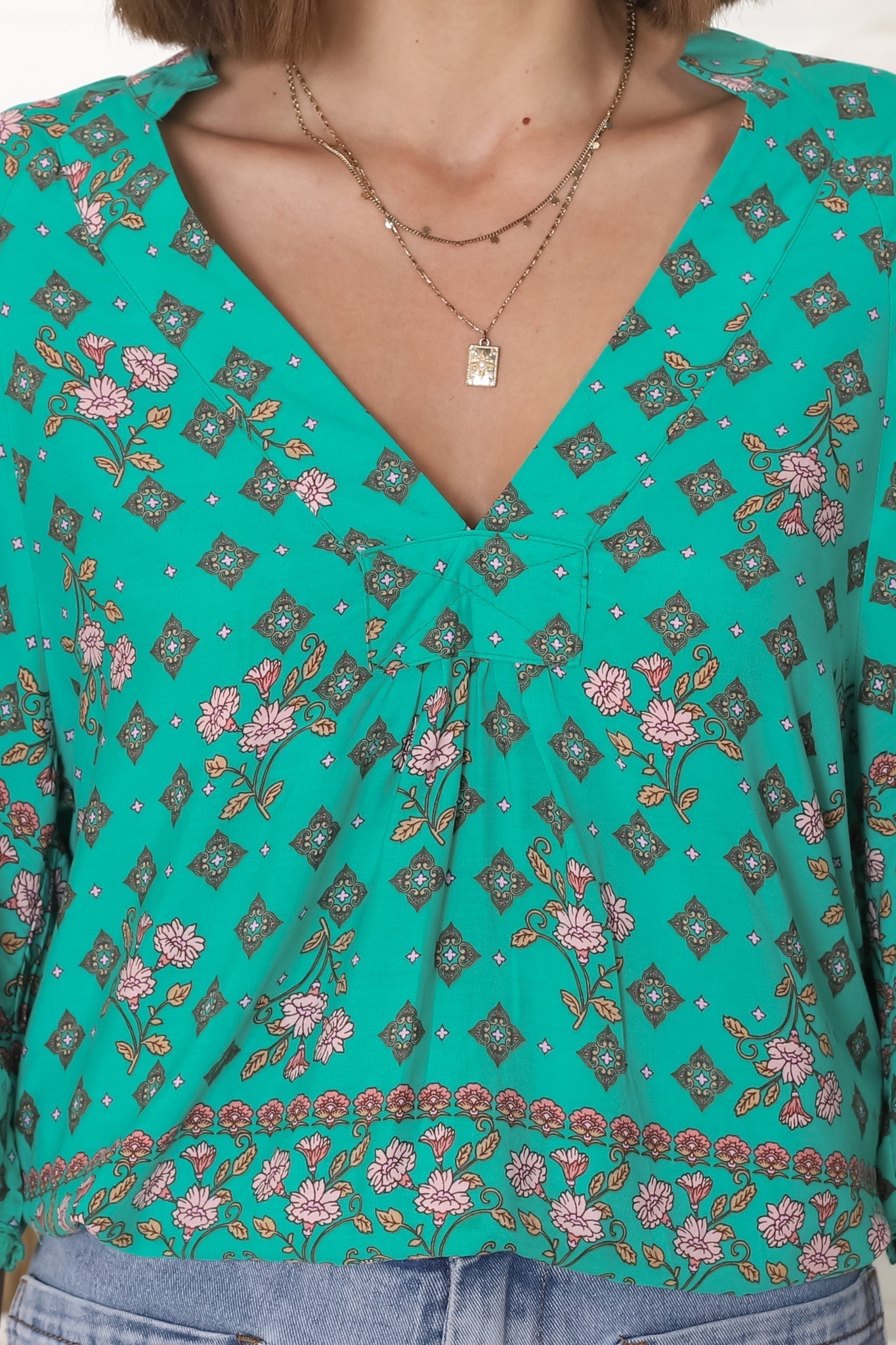 JAASE - Gabriella Top: Mandarin Collar Deep V Neck Crochet Trim Top in Evergreen Print