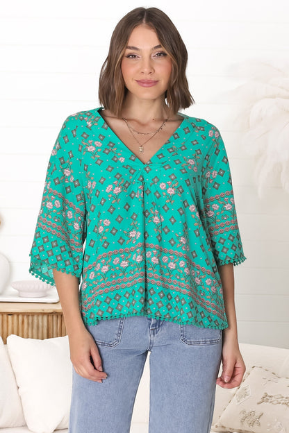 JAASE - Gabriella Top: Mandarin Collar Deep V Neck Crochet Trim Top in Evergreen Print