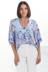 Gabriella Top - Mandarin Collar Deep V Neck Crochet Trim Top in Heaven Print