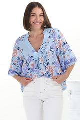 JAASE - Gabriella Top: Mandarin Collar Deep V Neck Crochet Trim Top in Heaven Print