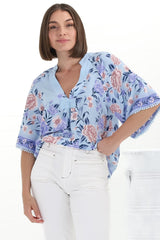 JAASE - Gabriella Top: Mandarin Collar Deep V Neck Crochet Trim Top in Heaven Print