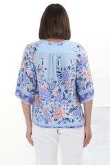 JAASE - Gabriella Top: Mandarin Collar Deep V Neck Crochet Trim Top in Heaven Print