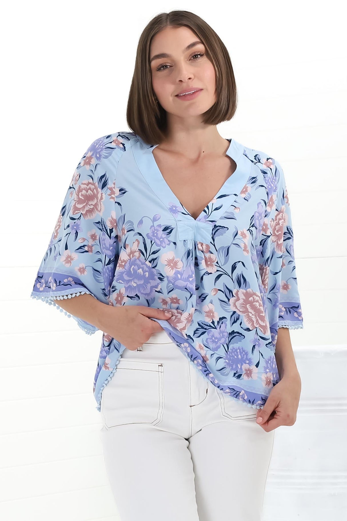 Gabriella Top - Mandarin Collar Deep V Neck Crochet Trim Top in Heaven Print