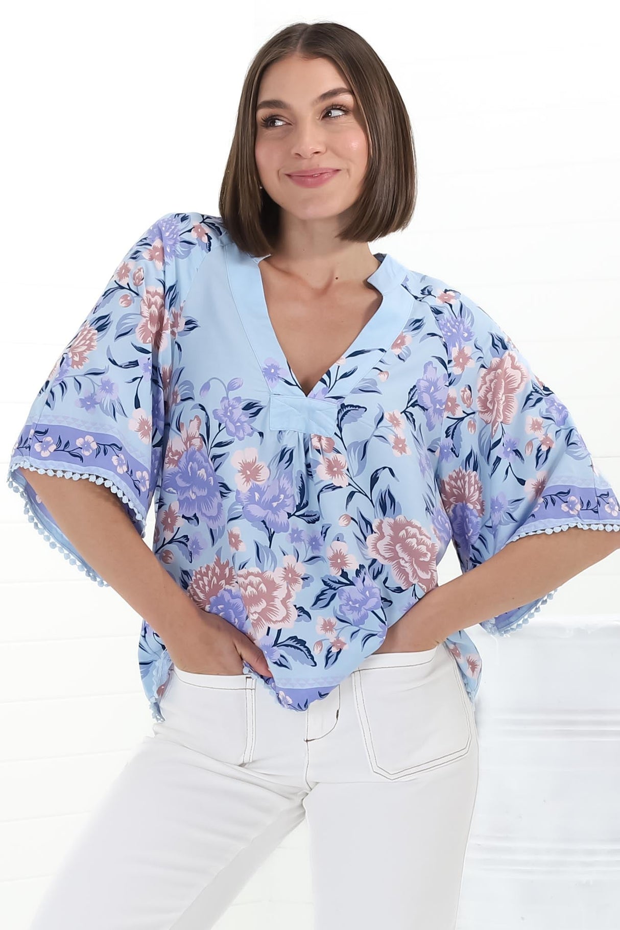 Gabriella Top - Mandarin Collar Deep V Neck Crochet Trim Top in Heaven Print