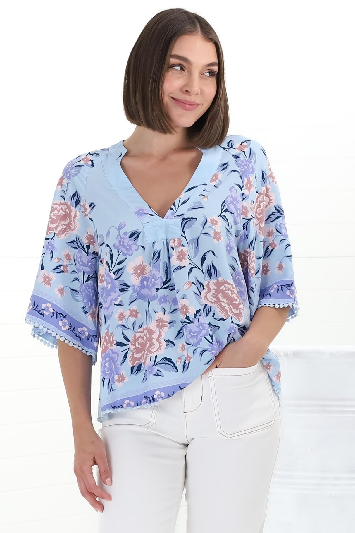 JAASE - Gabriella Top: Mandarin Collar Deep V Neck Crochet Trim Top in Heaven Print