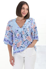 Gabriella Top - Mandarin Collar Deep V Neck Crochet Trim Top in Heaven Print