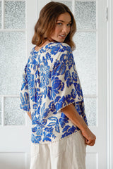 JAASE - Gabriella Top: Mandarin Collar Deep V Neck Crochet Trim Top in Indigo Bloom Print