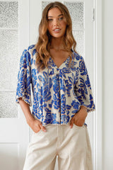 JAASE - Gabriella Top: Mandarin Collar Deep V Neck Crochet Trim Top in Indigo Bloom Print