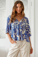 JAASE - Gabriella Top: Mandarin Collar Deep V Neck Crochet Trim Top in Indigo Bloom Print