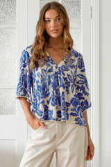 JAASE - Gabriella Top: Mandarin Collar Deep V Neck Crochet Trim Top in Indigo Bloom Print