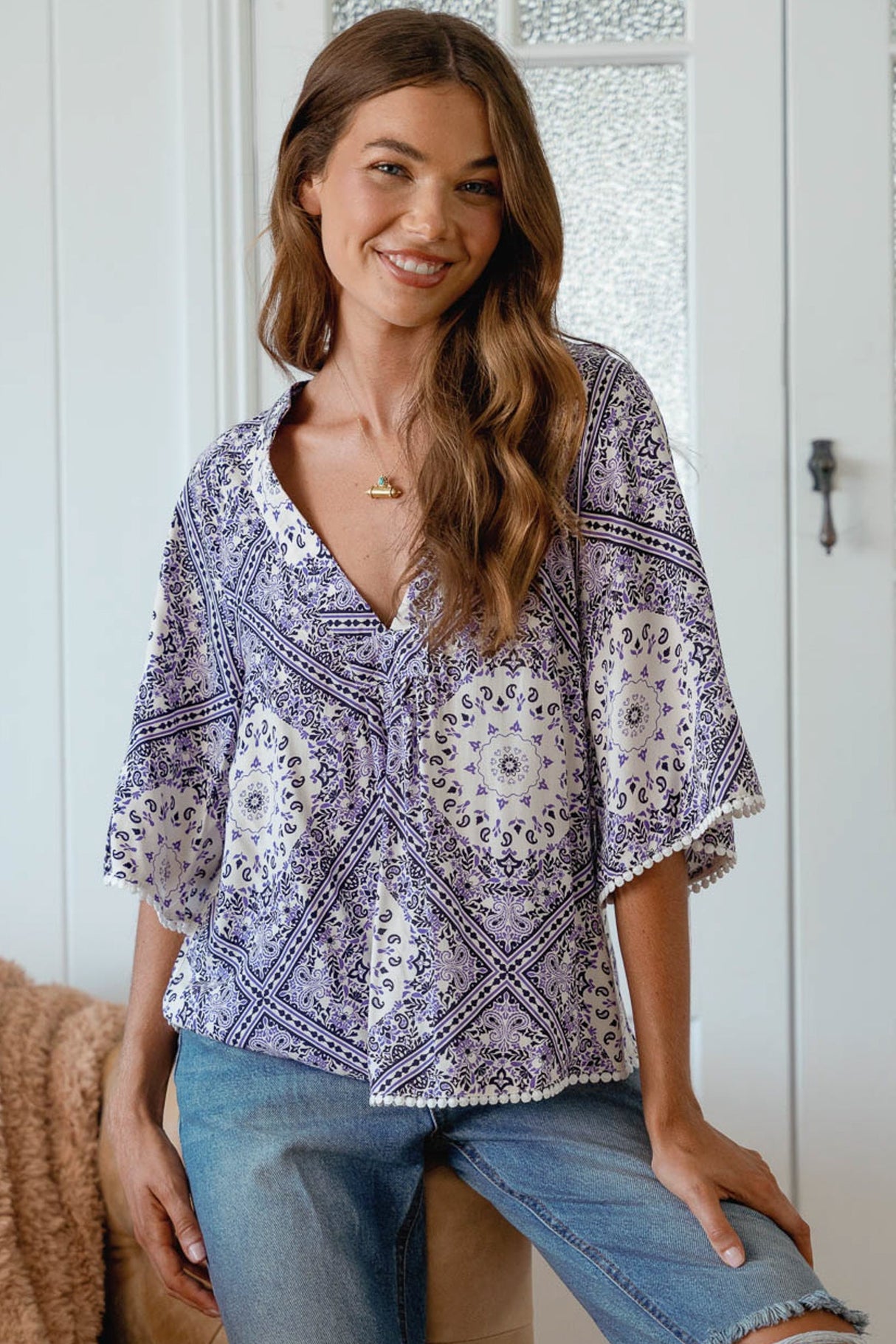 JAASE - Gabriella Top: Mandarin Collar Deep V Neck Crochet Trim Top in Lilac Lullaby Print