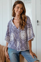 JAASE - Gabriella Top: Mandarin Collar Deep V Neck Crochet Trim Top in Lilac Lullaby Print