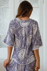 JAASE - Gabriella Top: Mandarin Collar Deep V Neck Crochet Trim Top in Lilac Lullaby Print