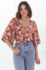 JAASE - Gabriella Top: Mandarin Collar Deep V Neck Crochet Trim Top in Pixie Print