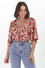 JAASE - Gabriella Top: Mandarin Collar Deep V Neck Crochet Trim Top in Pixie Print