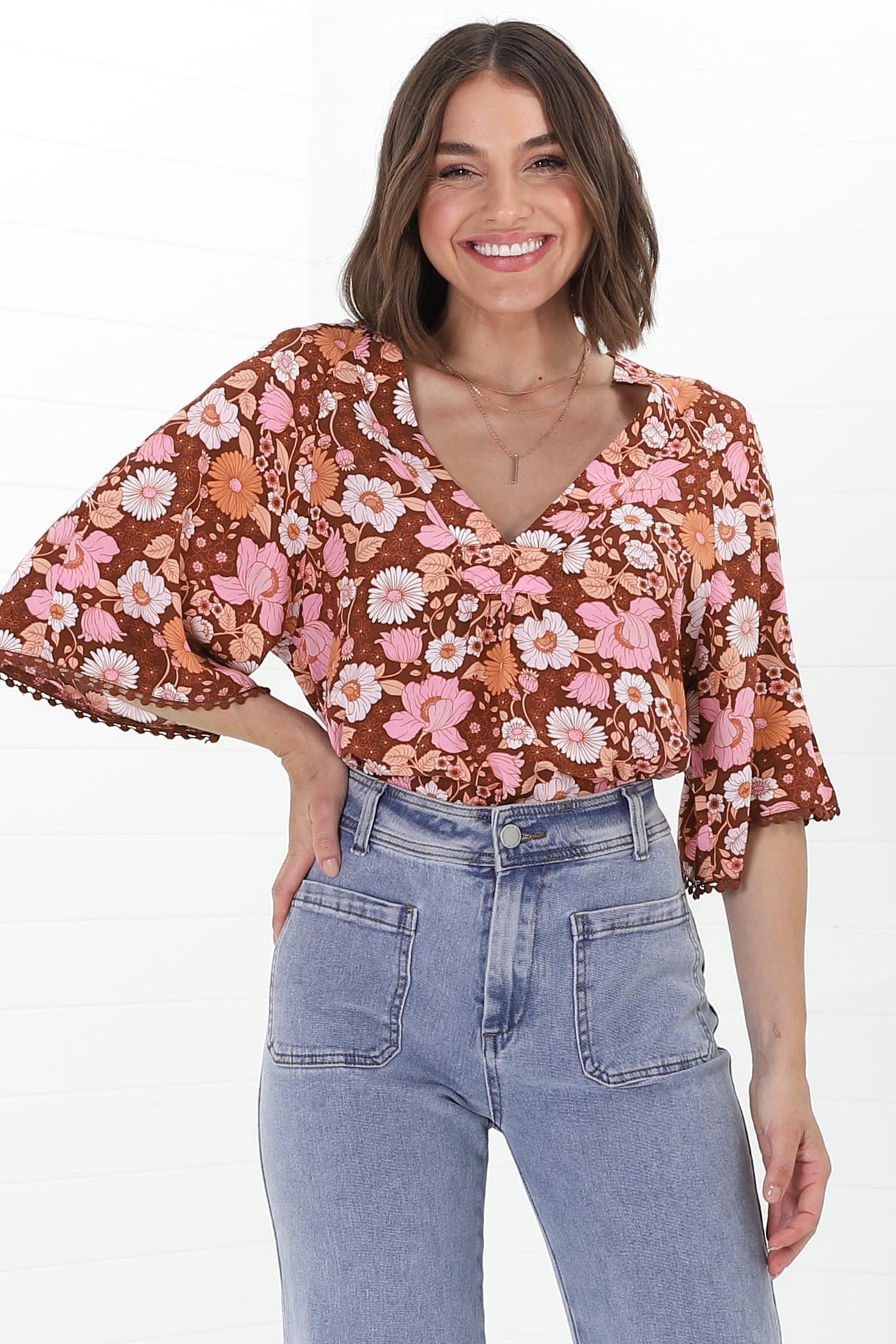 Gabriella Top - Mandarin Collar Deep V Neck Crochet Trim Top in Pixie Print