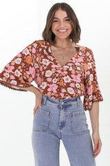 JAASE - Gabriella Top: Mandarin Collar Deep V Neck Crochet Trim Top in Pixie Print