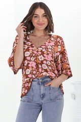 Gabriella Top - Mandarin Collar Deep V Neck Crochet Trim Top in Pixie Print