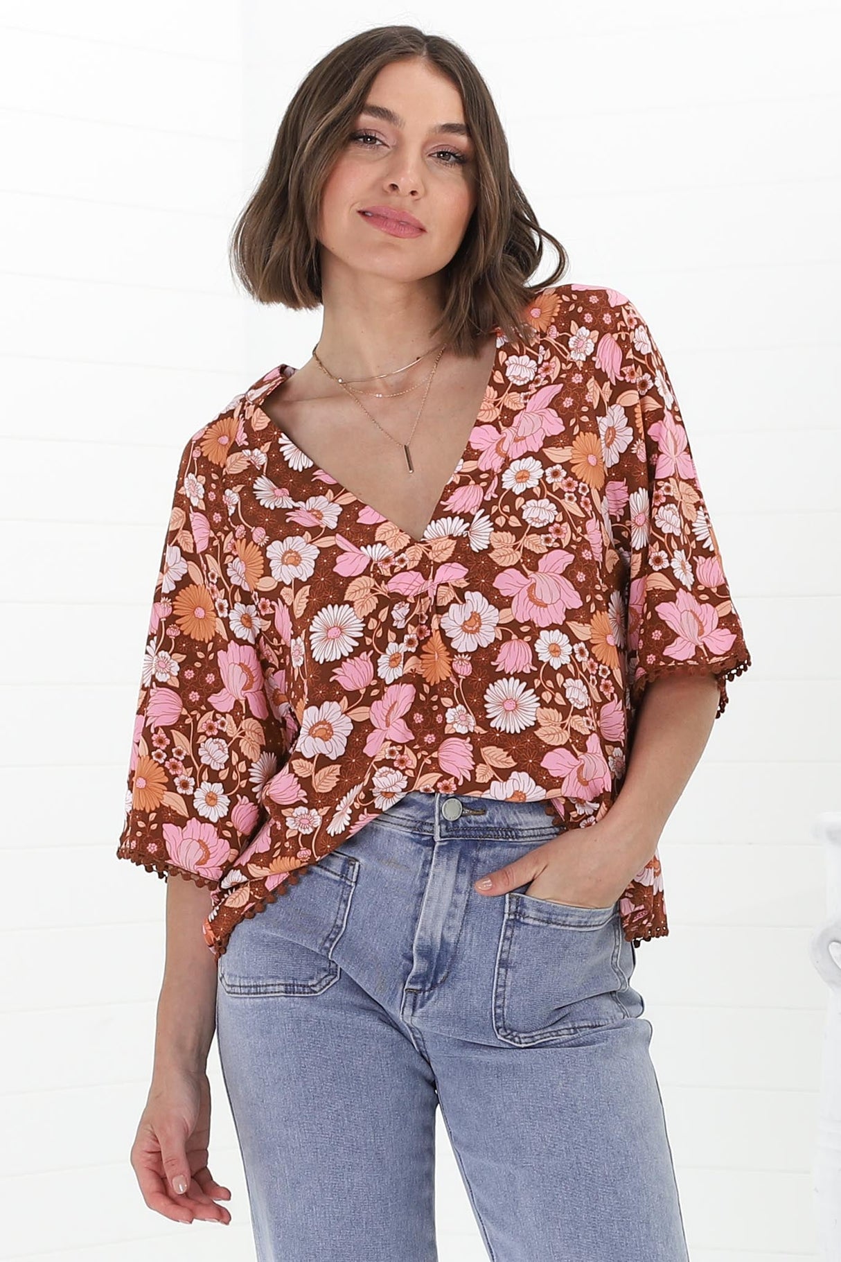 JAASE - Gabriella Top: Mandarin Collar Deep V Neck Crochet Trim Top in Pixie Print