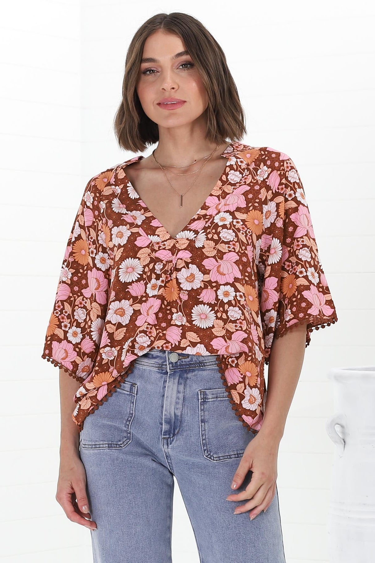 JAASE - Gabriella Top: Mandarin Collar Deep V Neck Crochet Trim Top in Pixie Print