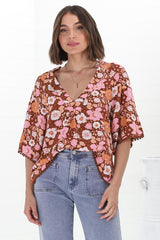 Gabriella Top - Mandarin Collar Deep V Neck Crochet Trim Top in Pixie Print