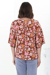 JAASE - Gabriella Top: Mandarin Collar Deep V Neck Crochet Trim Top in Pixie Print