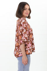 JAASE - Gabriella Top: Mandarin Collar Deep V Neck Crochet Trim Top in Pixie Print