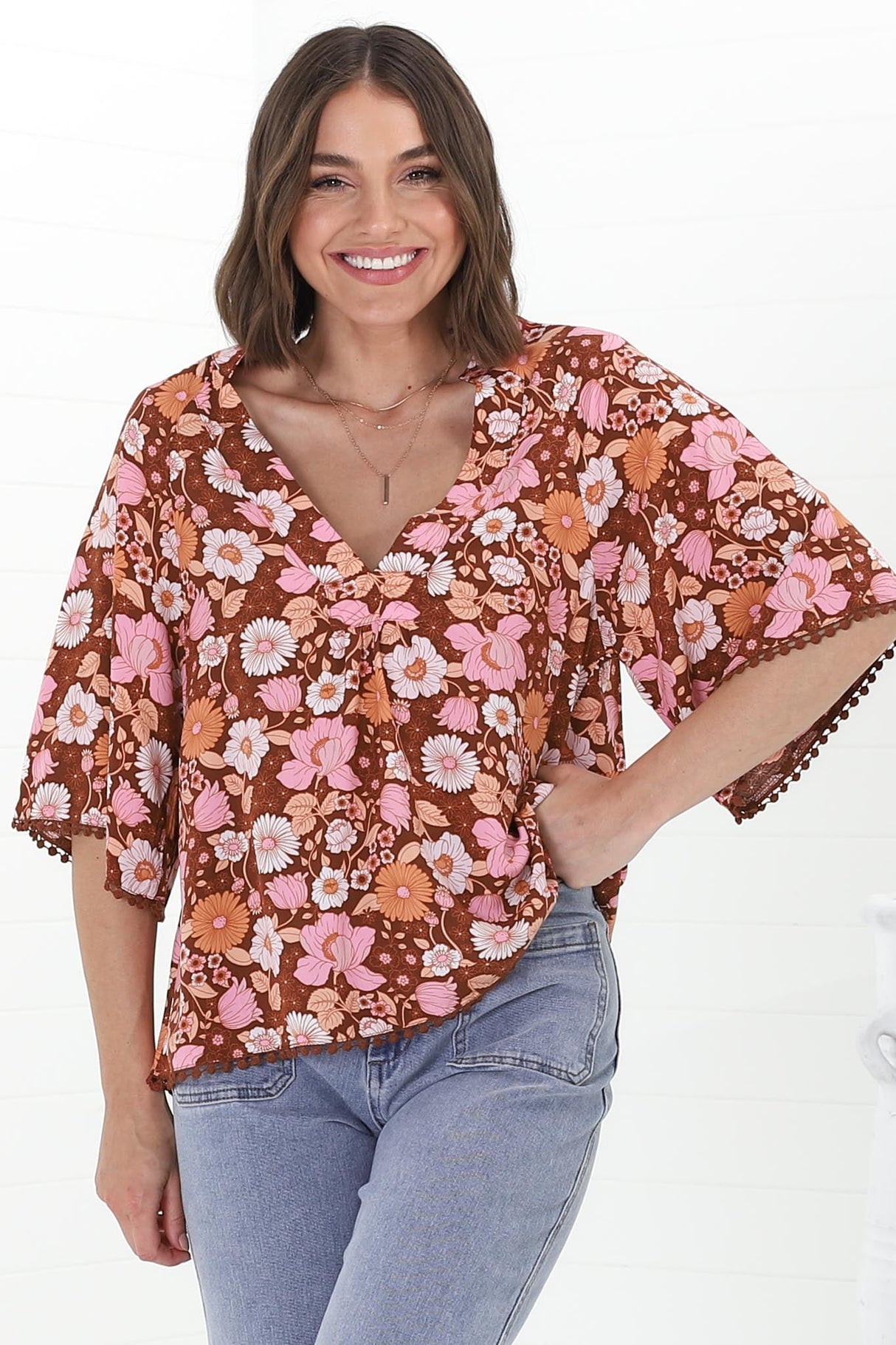 Gabriella Top - Mandarin Collar Deep V Neck Crochet Trim Top in Pixie Print