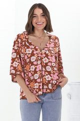 JAASE - Gabriella Top: Mandarin Collar Deep V Neck Crochet Trim Top in Pixie Print