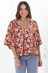 JAASE - Gabriella Top: Mandarin Collar Deep V Neck Crochet Trim Top in Pixie Print