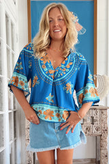 JAASE - Gabriella Top: Mandarin Collar Deep V Neck Crochet Trim Top in Riviera Print