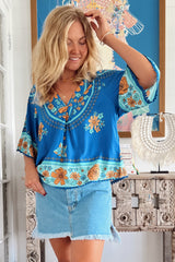 JAASE - Gabriella Top: Mandarin Collar Deep V Neck Crochet Trim Top in Riviera Print