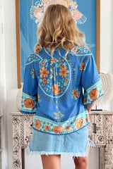 JAASE - Gabriella Top: Mandarin Collar Deep V Neck Crochet Trim Top in Riviera Print