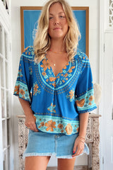 Gabriella Top - Mandarin Collar Deep V Neck Crochet Trim Top in Riviera Print