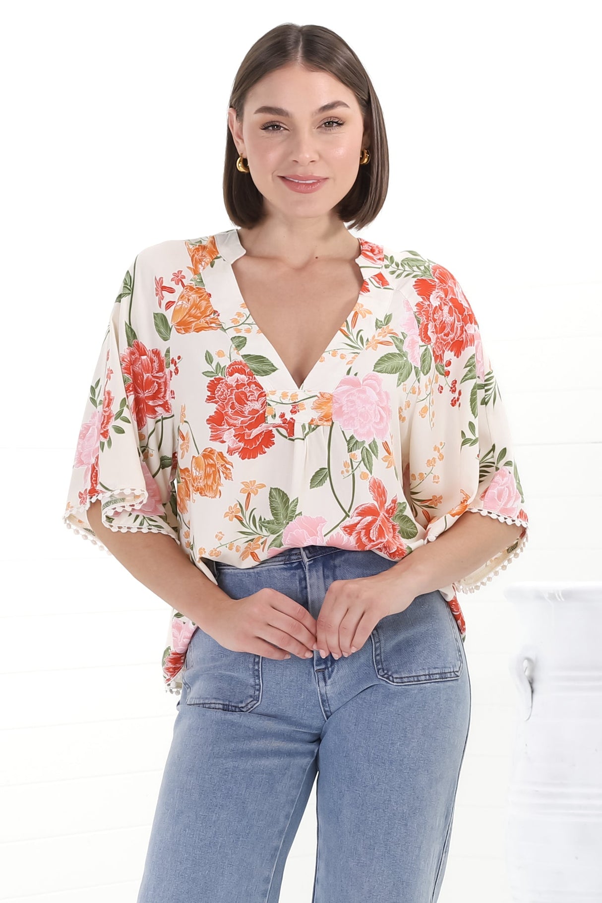 Gabriella Top - Mandarin Collar Deep V Neck Crochet Trim Top in Verbena Print