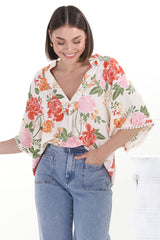 Gabriella Top - Mandarin Collar Deep V Neck Crochet Trim Top in Verbena Print