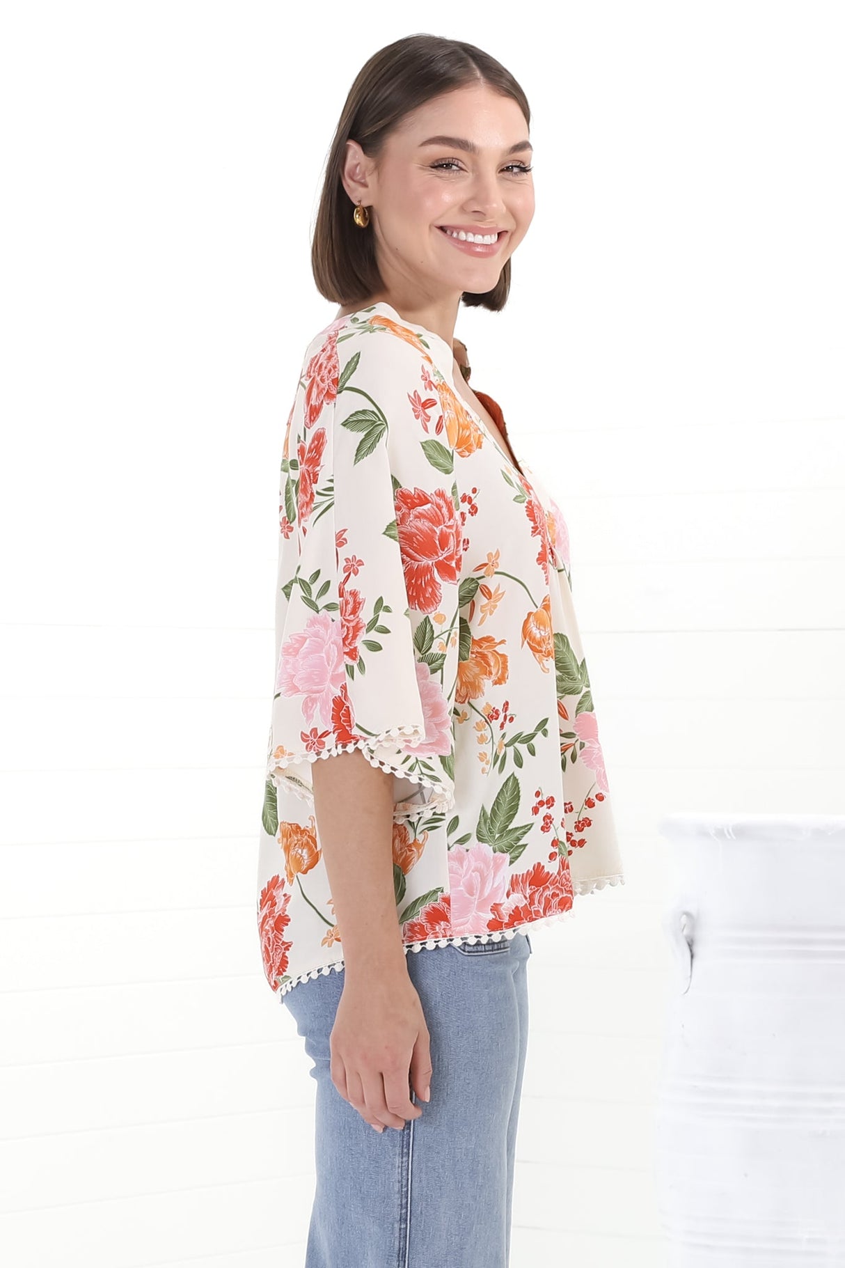 JAASE - Gabriella Top: Mandarin Collar Deep V Neck Crochet Trim Top in Verbena Print