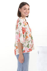 JAASE - Gabriella Top: Mandarin Collar Deep V Neck Crochet Trim Top in Verbena Print