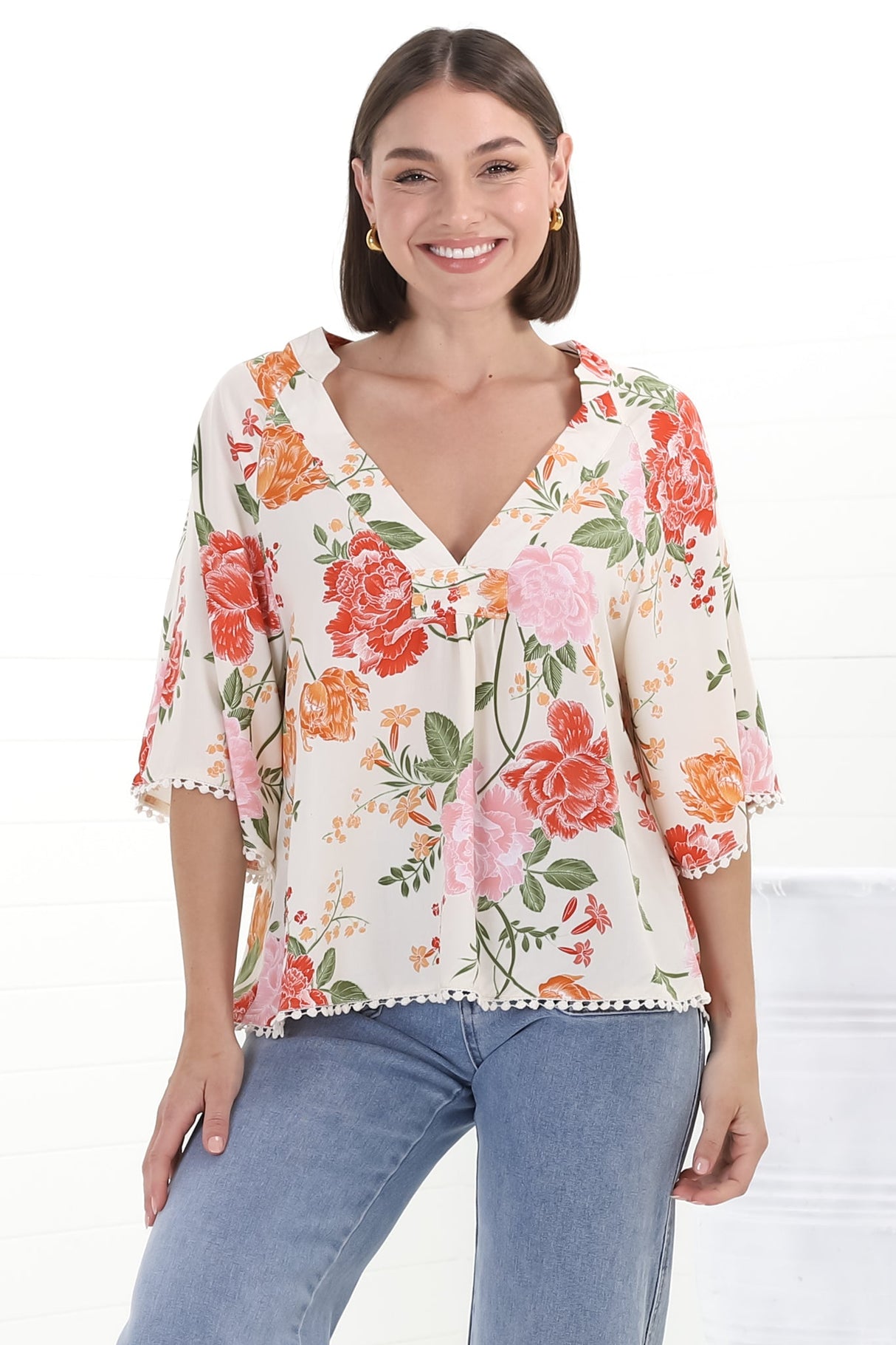 JAASE - Gabriella Top: Mandarin Collar Deep V Neck Crochet Trim Top in Verbena Print