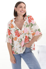 JAASE - Gabriella Top: Mandarin Collar Deep V Neck Crochet Trim Top in Verbena Print