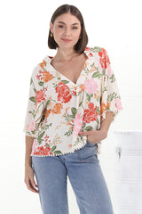 Gabriella Top - Mandarin Collar Deep V Neck Crochet Trim Top in Verbena Print