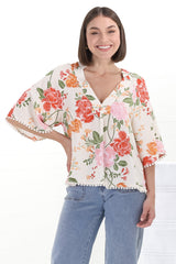 Gabriella Top - Mandarin Collar Deep V Neck Crochet Trim Top in Verbena Print