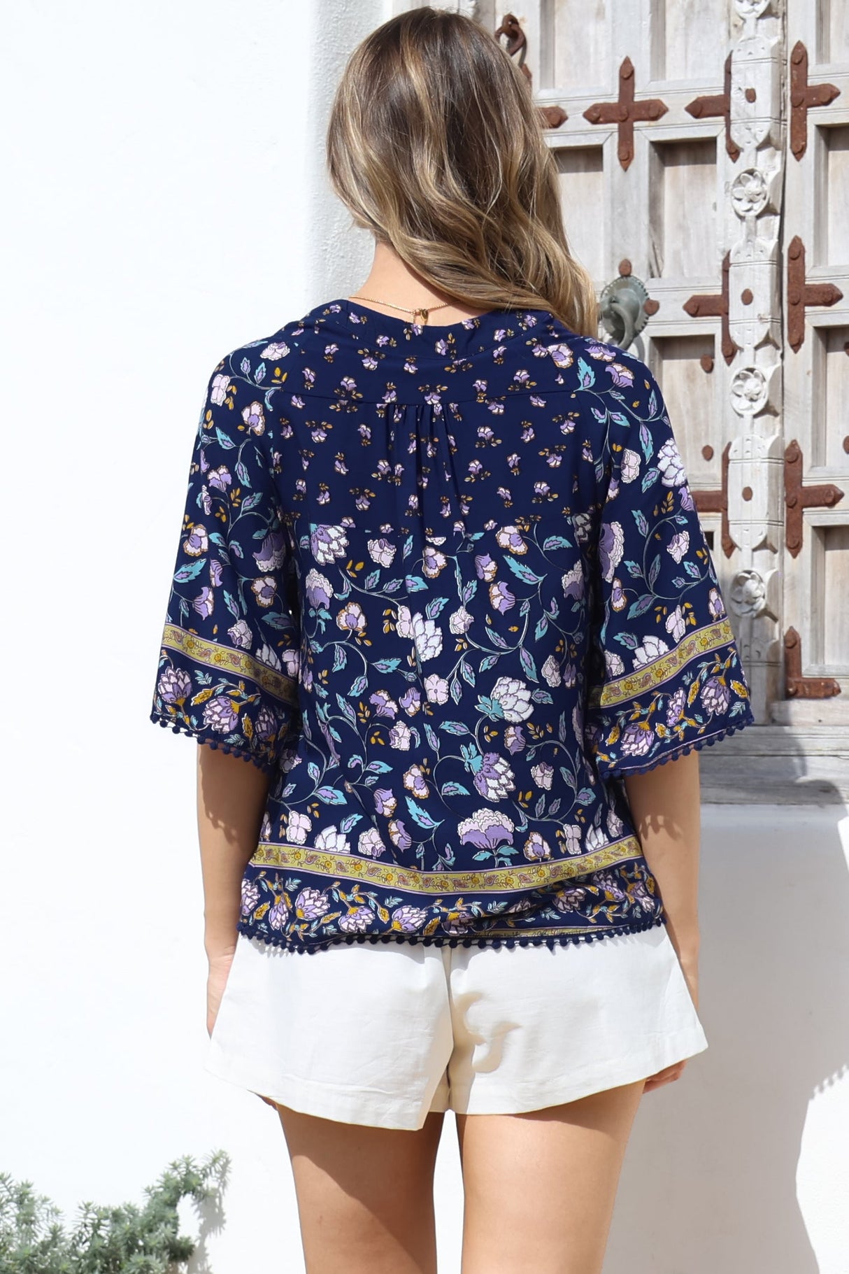 JAASE - Gabriella Top: Mandarin Collar Deep V Neck Crochet Trim Top in Wild Indigo Print