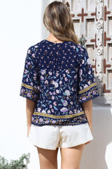 JAASE - Gabriella Top: Mandarin Collar Deep V Neck Crochet Trim Top in Wild Indigo Print