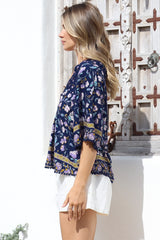 JAASE - Gabriella Top: Mandarin Collar Deep V Neck Crochet Trim Top in Wild Indigo Print